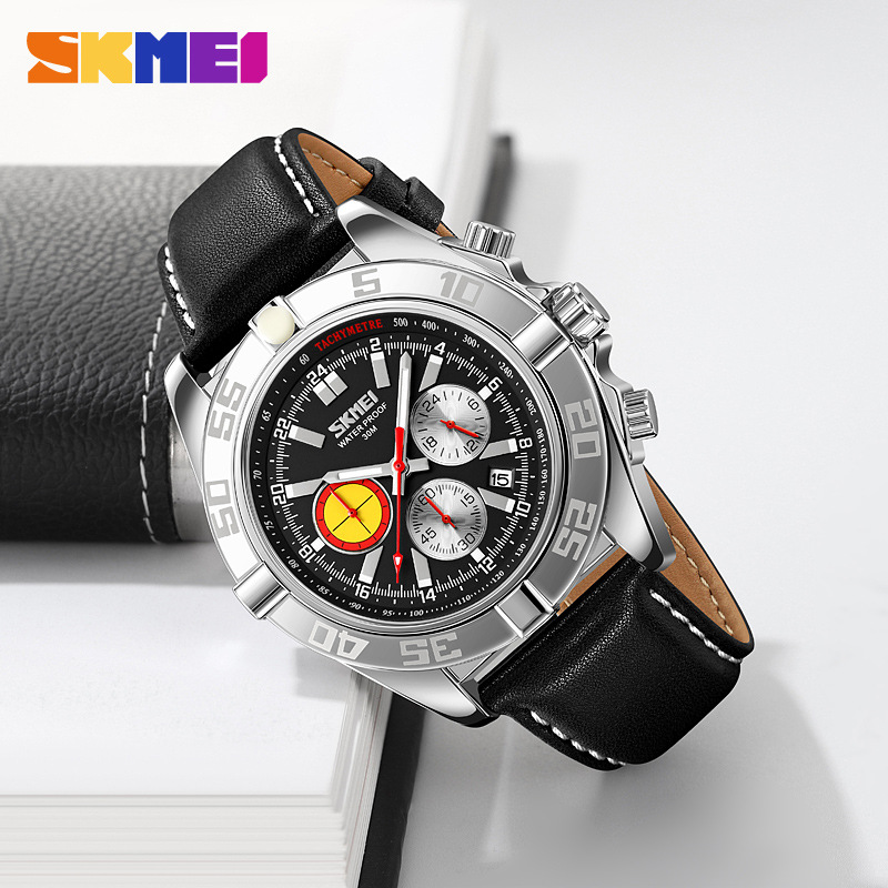 Momento de los relojes de cuarzo deportivo para hombres esfera de tres ojos impermeable nocturna relojes de pulsera transfronterizos al por mayor en stock
