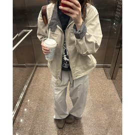 美式复古格子拼接外套女2026新款秋季宽松休闲男女款立领夹克上衣