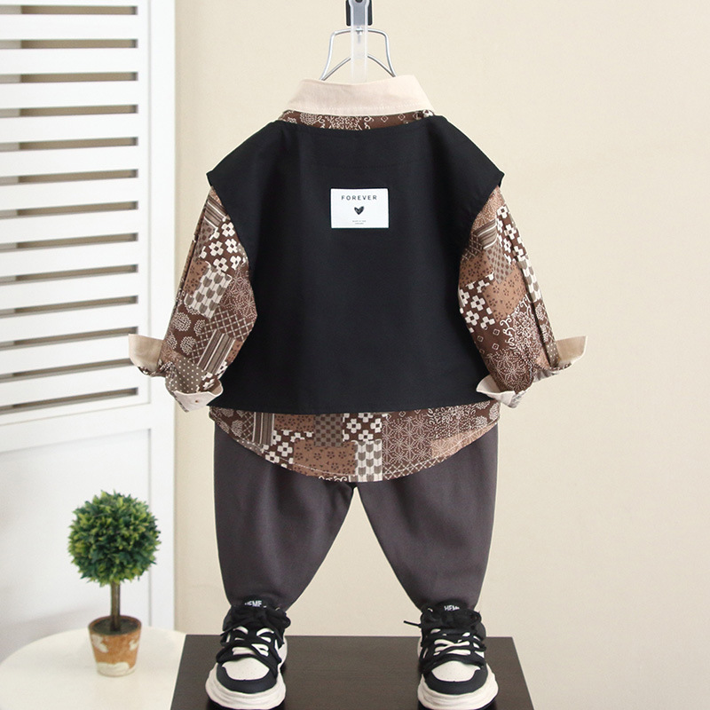 6076 niño primavera y otoño camisa de flores de moda traje de tres piezas traje de chaleco de otoño para niños guapo de moda 2024 nuevo niño