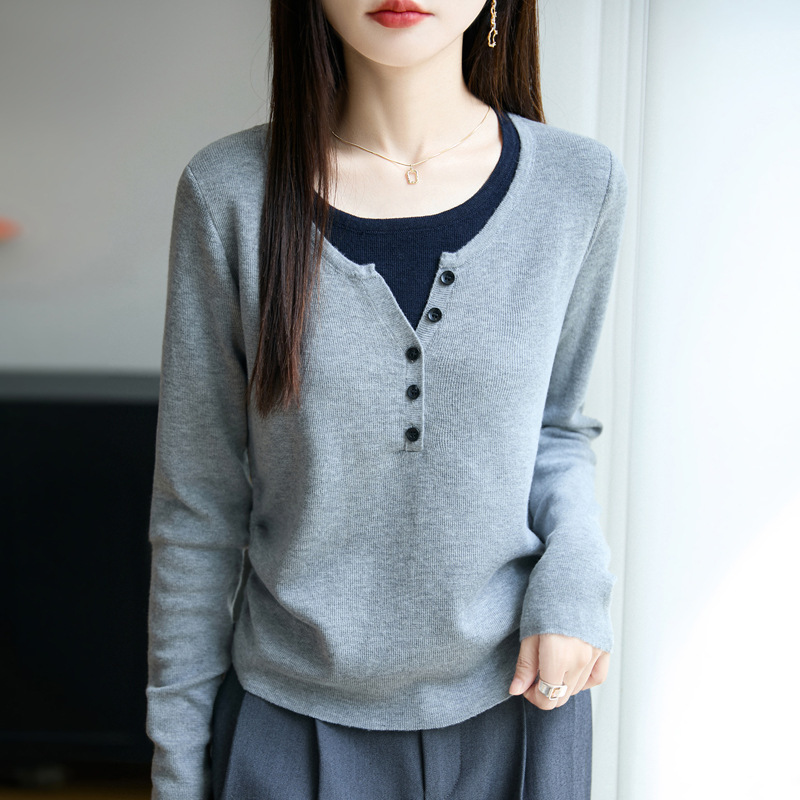 精纺羊毛针织打底衫女式圆领套头上衣早秋新款假两件设计风撞色衫|undefined