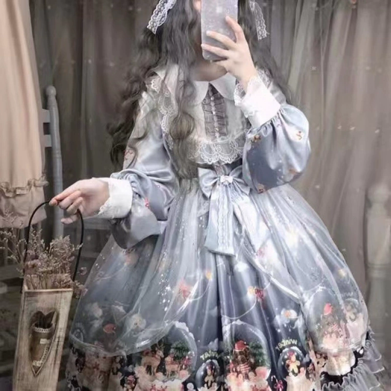 Деми‑сезонная юбка принцессы в стиле Lolita, полный набор, принт «серый стеклянный шар», размеры S–L