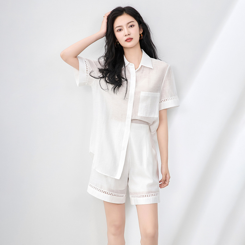 Áo sơ mi khoác pha vải lanh Tencel tay dài + quần short rộng thùng thình bộ hai mảnh mùa hè — Màu trắng