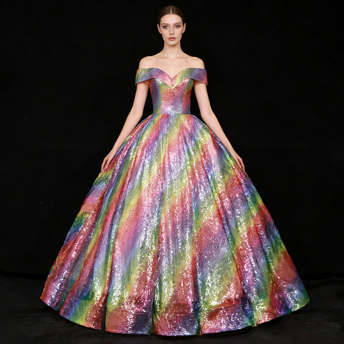 European and American Foreign Trade Puffy Skirt 2026 Bride's Dreamy Seven-Color Sequin Ball Gown Performance Dress Off-Shoulder Wedding Dress