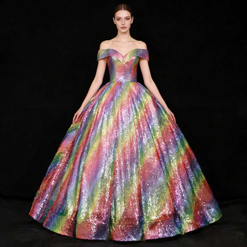 European and American Foreign Trade Puffy Skirt 2026 Bride's Dreamy Seven-Color Sequin Ball Gown Performance Dress Off-Shoulder Wedding Dress