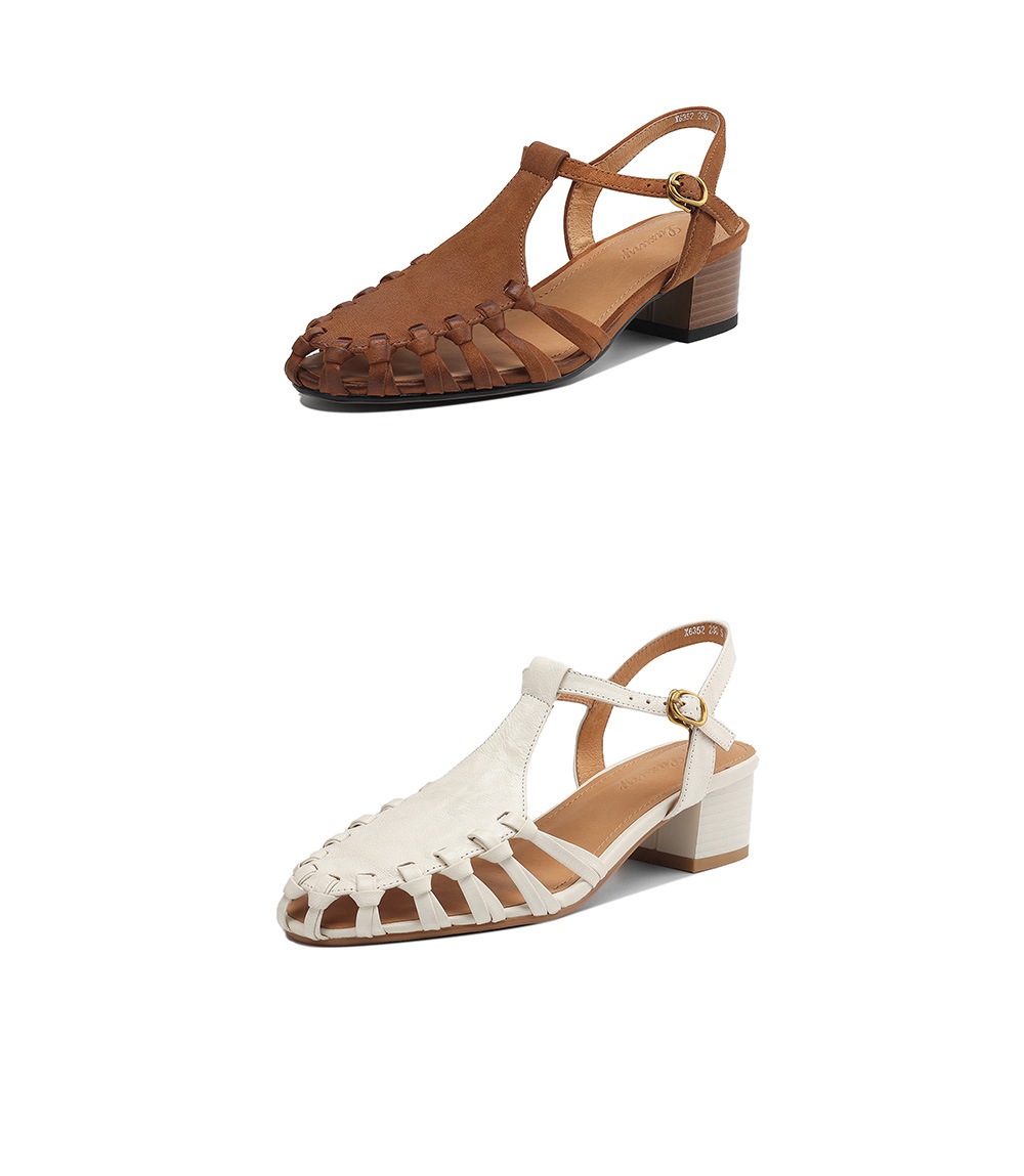 Sandal nữ da cừu mũi nhọn gót vuông quai ngang kiểu La Mã đan rỗng — màu nâu chi tiết 23