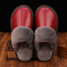 秋冬季牛皮棉拖鞋女家居室内防水防滑保暖真皮拖鞋男士家用牛筋底