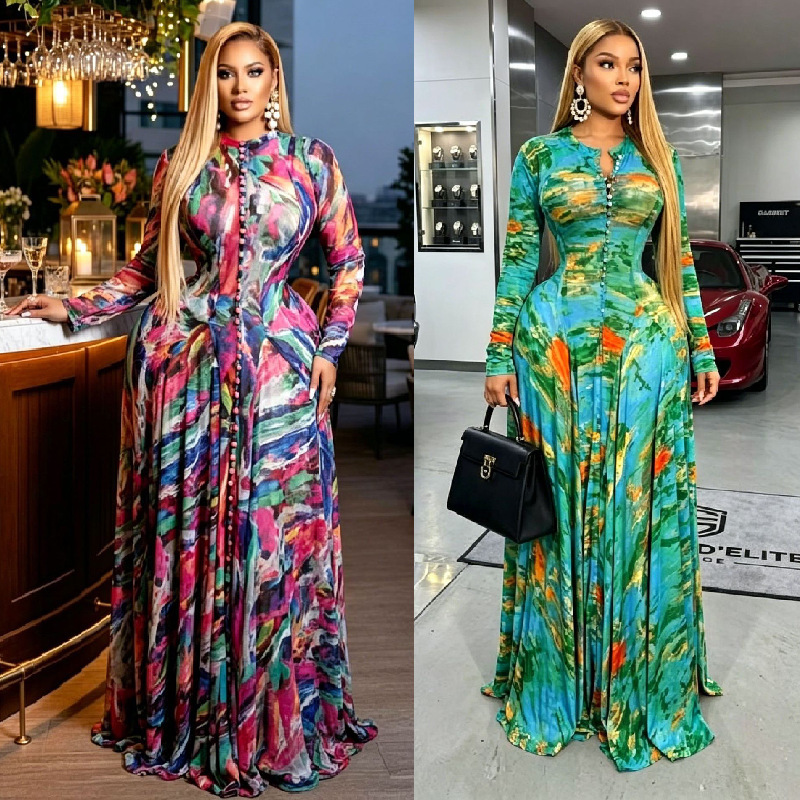 Cross-Border Women's Fashion 2026 New African Style Elegant Printed Long Dress with Flared Skirt, Round Neck, Long Sleeves, and Waist-Cinching Design for European and American Women Cross-Border Women's Fashion 2026 New African Style Elegant Printed Long Dress with Flared Skirt, Round Neck, Long Sleeves, and Waist-Cinching Design for European and American Women