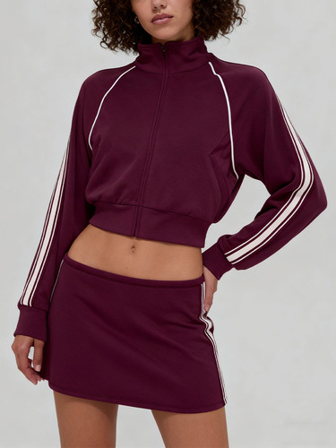 Autumn and winter new modal air-layer jacket with white stripes, breathable stand-up collar, zippered coat and short skirt—women's casual sports suit