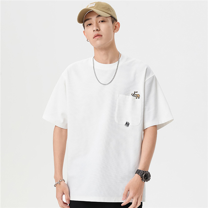260g Heavy Anti-Wrinkle Waffle Summer Embroidered Short-sleeved T-shirt Men's Loose Joker Half-sleeved Top Fashion T-shirt 260g Heavy Anti-Wrinkle Waffle Summer Embroidered Short-sleeved T-shirt Men's Loose Joker Half-sleeved Top Fashion T-shirt