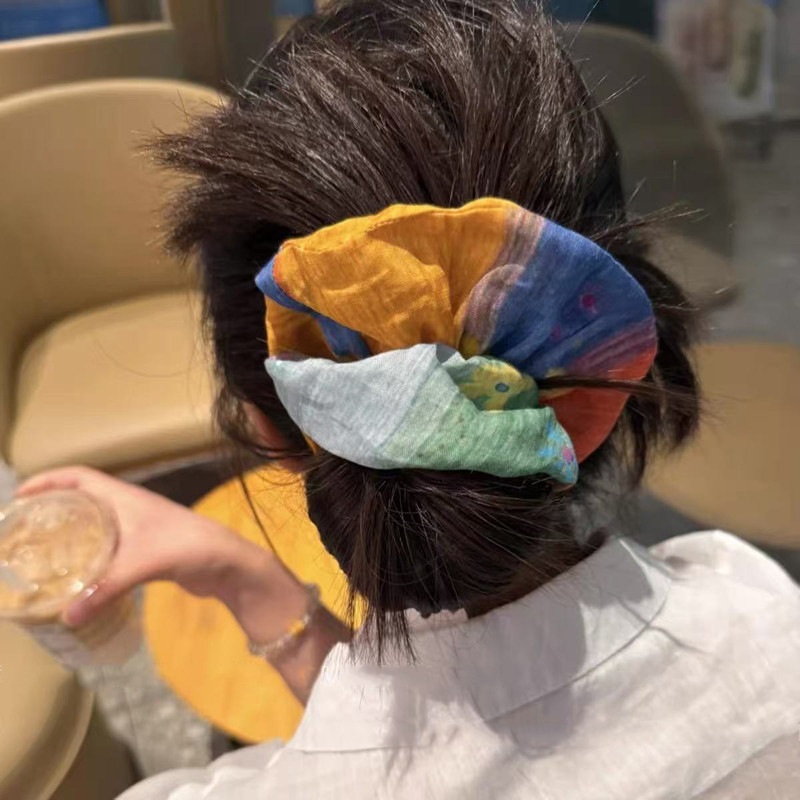波西米亚风文艺复古原创不规则拼接苎麻手工大肠发圈绿蓝黄色发圈|undefined