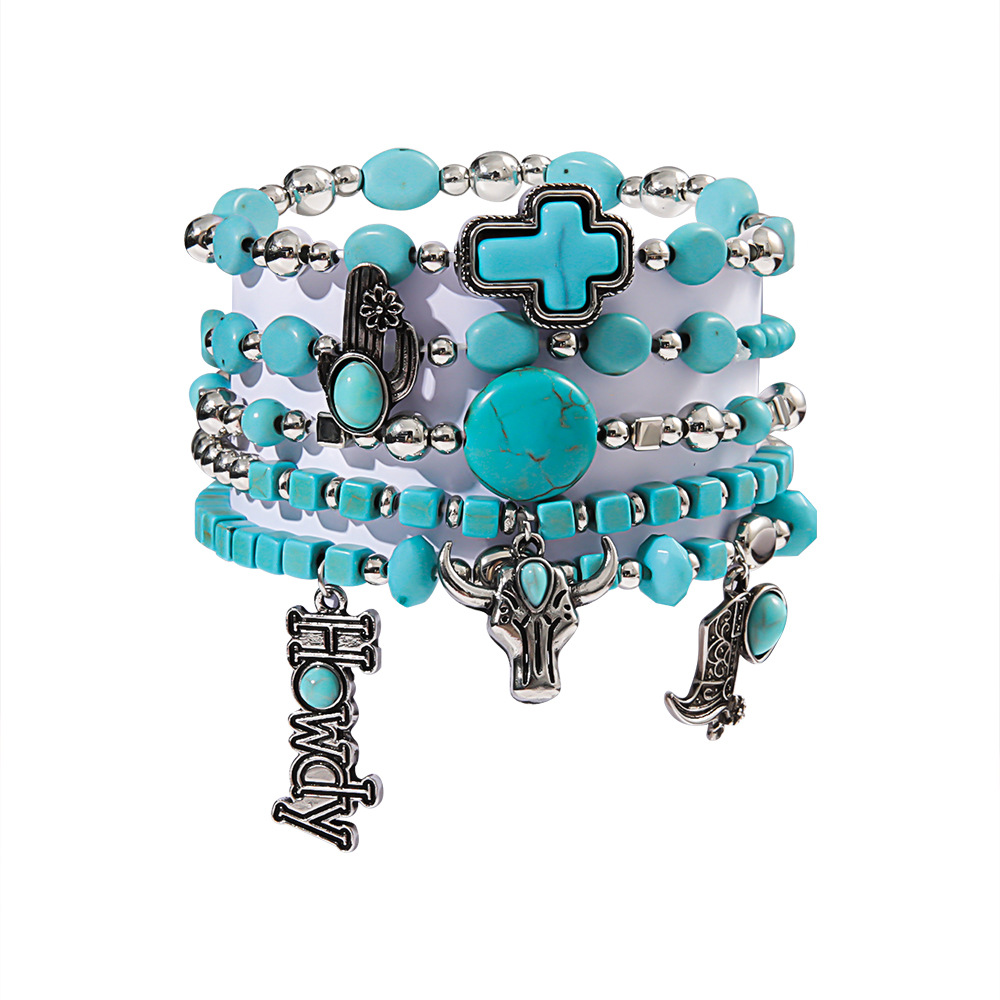 49g Weight Alloy Pendant Material Bracelets Classification Beaded, Turquoise Chain Material 1 Set Quantity Daily Occasion Beaded, Alloy, turquoise Material Cross, Cattle, Boots Pattern Women's Gender Retro Style Retro Cross Cattle Boots Beaded Alloy Turquoise  Beaded Bracelets Wholesale 21