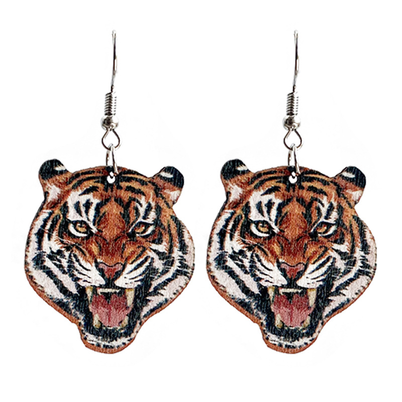 1 Pair Retro Funny Dinosaur Cheetah Tiger Wood Iron Ear Hook display picture 7