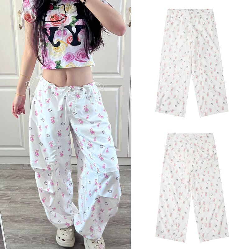 Open Yy Hello Kitty Collaboration Drawstring Wide-Leg Parachute Pants Full-Print Cargo Pants Same Style as Yu Shuxin