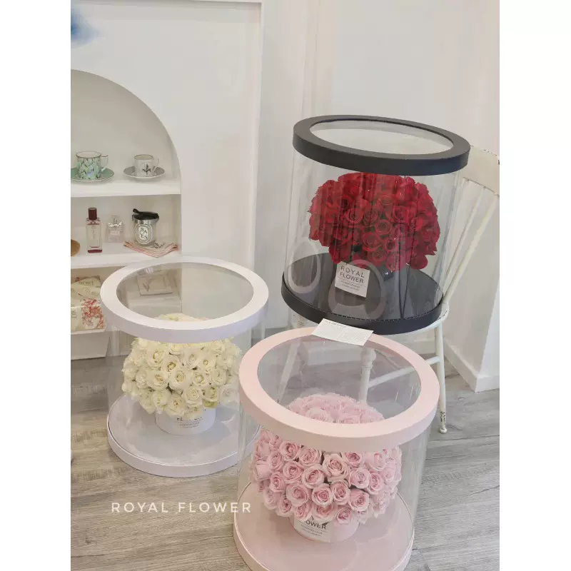 情人节圆形大号透明pvc全景花盒韩式熊超大花桶花束花艺包装