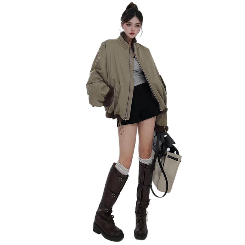 正反两面穿皮草真毛外套女2025秋冬新款韩版休闲兔毛内胆尼克服|undefined