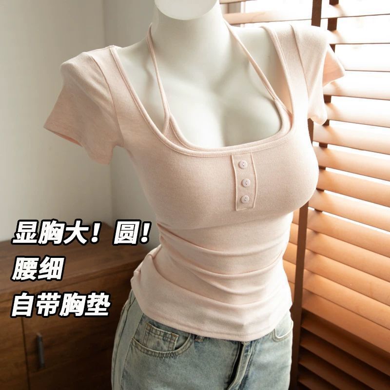 Korean-Style Design Halter Neck Tie Button Short-Sleeve T-Shirt for Women, Summer Slim Fit with Built-In Chest Pads