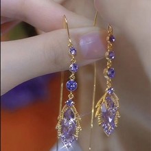 新款紫气东来锆石枫叶耳线长流苏百搭气质耳坠叶子耳饰品紫色气质