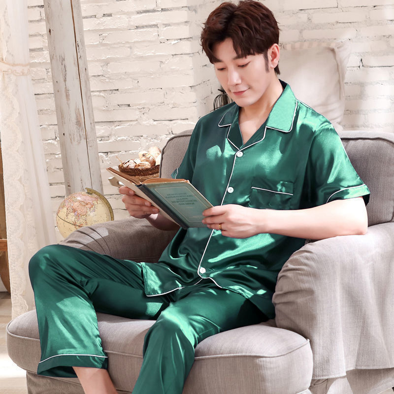 Imitation Silk Pajamas Men's Summer Short-sleeved Trousers Korean Style Men's Home Wear Trousers Spring Ice Silk Two Pieces Imitation Silk Pajamas Men's Summer Short-sleeved Trousers Korean Style Men's Home Wear Trousers Spring Ice Silk Two Pieces
