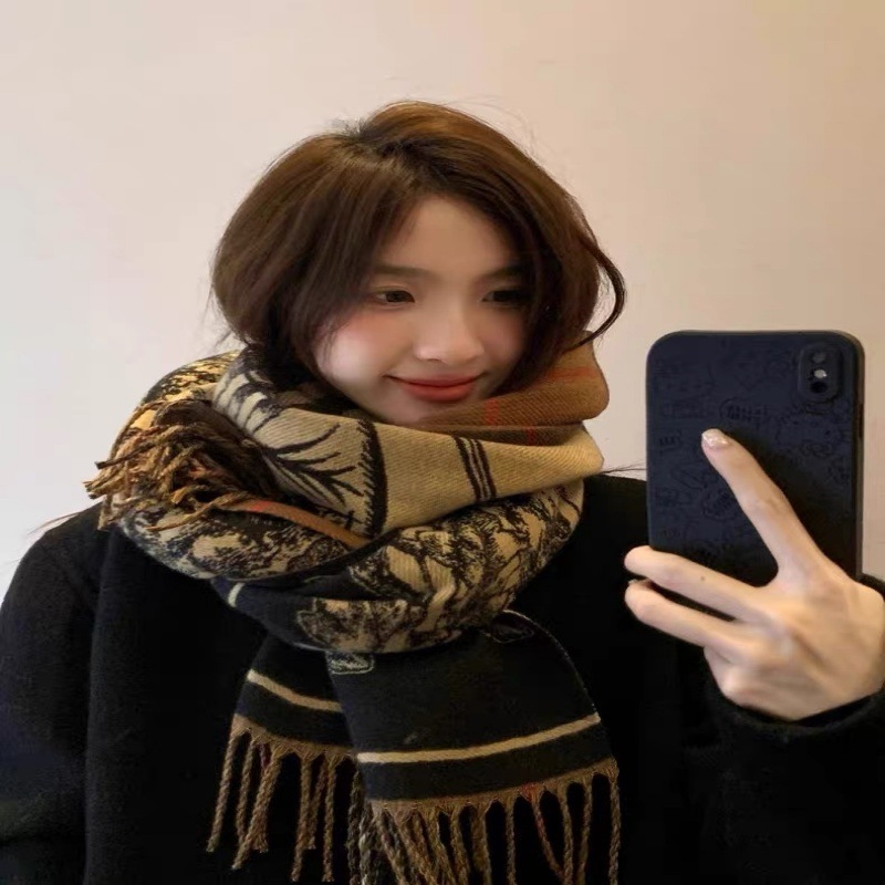 加厚款战马格子双面仿羊绒围巾女秋冬季新款流苏保暖外搭披肩围脖|undefined