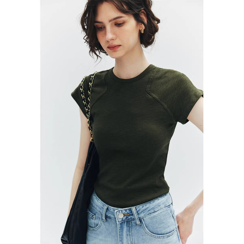 【Eco-Silk Fiber】Ergonomically Designed Round Neck, Shoulder-Cut Short-Sleeve Ribbed Knit T-Shirt for Women