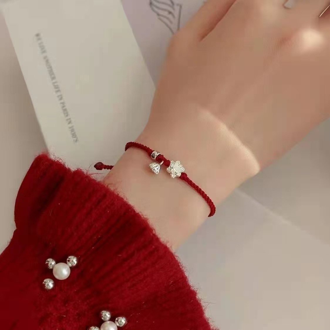 Good Luck Lotus Bracelet for Women, Handmade Woven Lotus and Butterfly Red String Bracelet for Zodiac Year, Gift for Best Friend