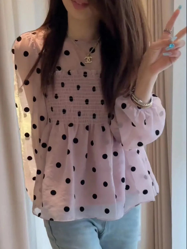 欧货时髦波点设计感拼接圆领长袖衬衣女春季小众别致宽松减龄上衣|undefined