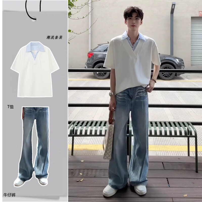 Korean Style Fake Two-Piece Shirt with V-Neck and Short Sleeves, Cool and Stylish Summer Outfit for Boys, Complete Set with Cleanfit Jeans Korean Style Fake Two-Piece Shirt with V-Neck and Short Sleeves, Cool and Stylish Summer Outfit for Boys, Complete Set with Cleanfit Jeans