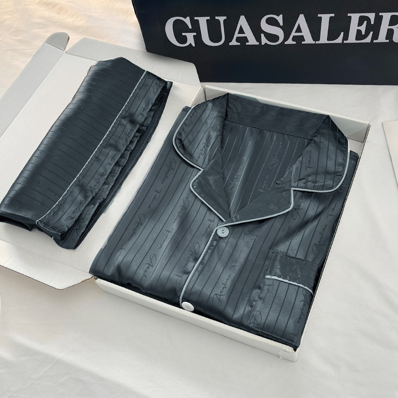 Pijamas de mujer de verano de seda de hielo de manga corta delgada de seda real de alto grado pata de gallo desgaste del hogar traje de hombre