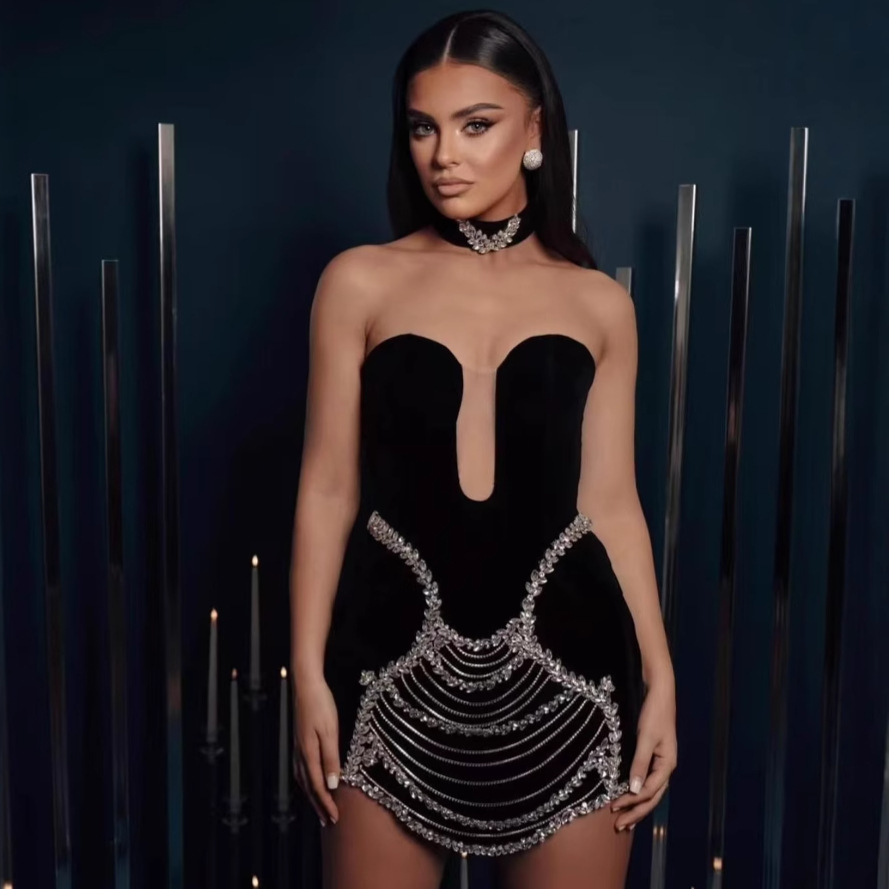 Cross-border Fashion Rhinestone Neck Chain Sexy Strapless Bandage Short dress Fashion Hot Party Performance Dress
