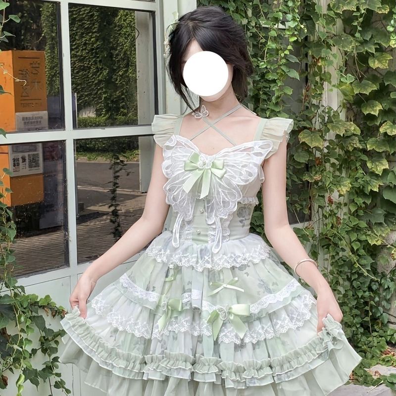 花期之约白绿蝴蝶夏日感超仙礼服小清新公主少女生日短裙|undefined