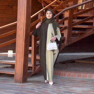 Foreign Trade Aliexpress Muslim Middle East Dubai Abaya Dark Brown Light Green Stitching Plant Embroider Dress Blouse