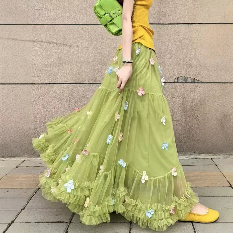 Enyue Autumn/Winter New Style Floral Puffy Mesh Cake Skirt Long Skirt Sweet Flared Skirt 4392