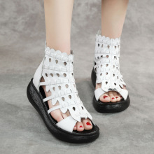 夏季新款透气复古真皮厚底罗马凉鞋鱼嘴松糕鞋女夏民族风坡跟凉靴