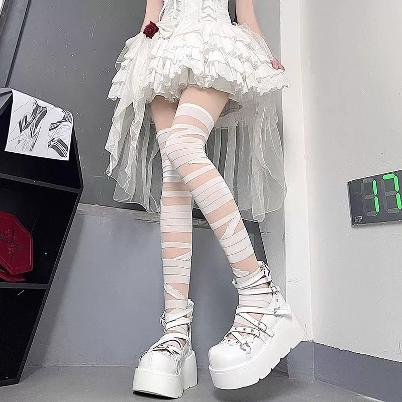 Белая эластичная повязка, японский пояс, тонкие колготки, стиль Lolita