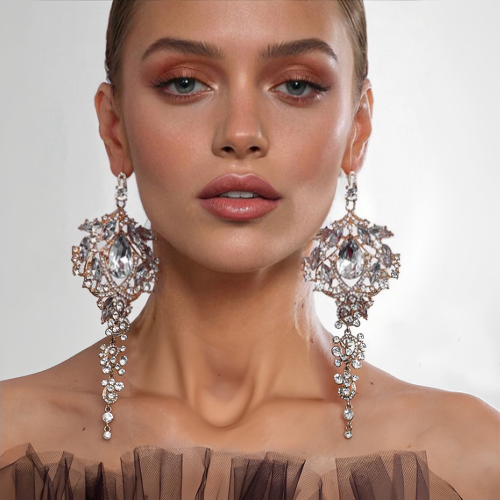 跨境新款水滴流蘇耳環個性誇張水鑽耳墜復古配飾女earrings