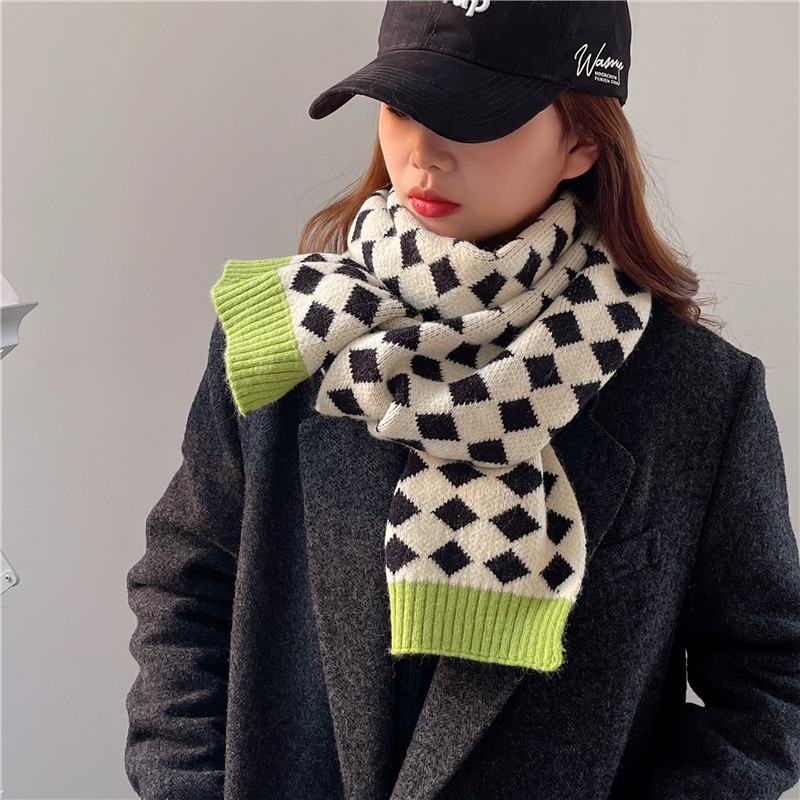 2#【黑白拼绿边-常规款】菱形格子拼接围巾