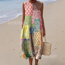 2025跨境新款亚马逊独立站3d印花圆领套头时尚流行女士无袖连衣裙