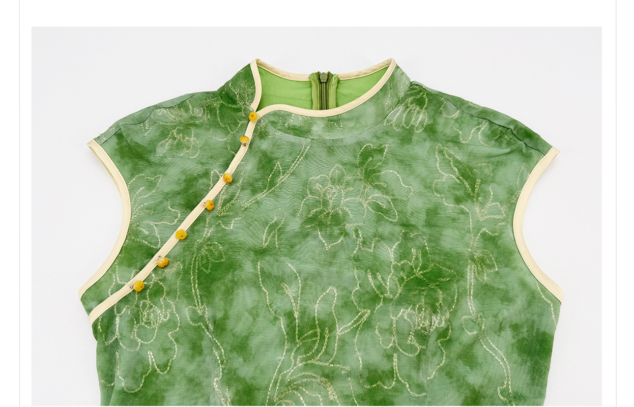 Đầm maxi nữ thắt eo cổ đứng tay dài họa tiết loang màu phong cách Tân Trung Hoa — Xanh lá cây nhạtcolor chi tiết 14