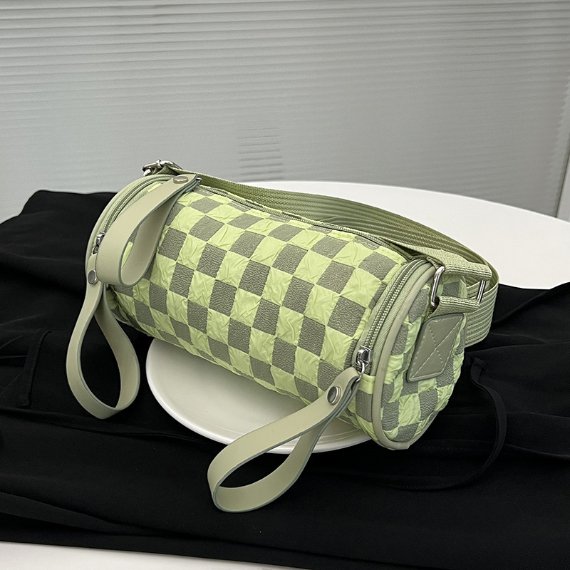 2022 New Women's Shoulder Bag Trendy Fashion Crossbody Mobile Phone Bag Checkerboard Plaid Wide Shoulder Strap Cylindrical Bag Women