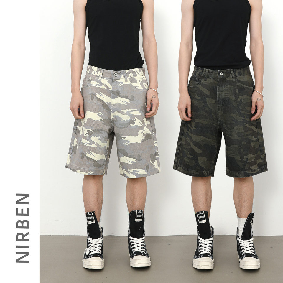 Quần short nam denim họa tiết rằn ri phong cách công sở đi biển — Màu trắng, Màu đen, Màu đất gỉ sét, Ngụy trang màu mơ