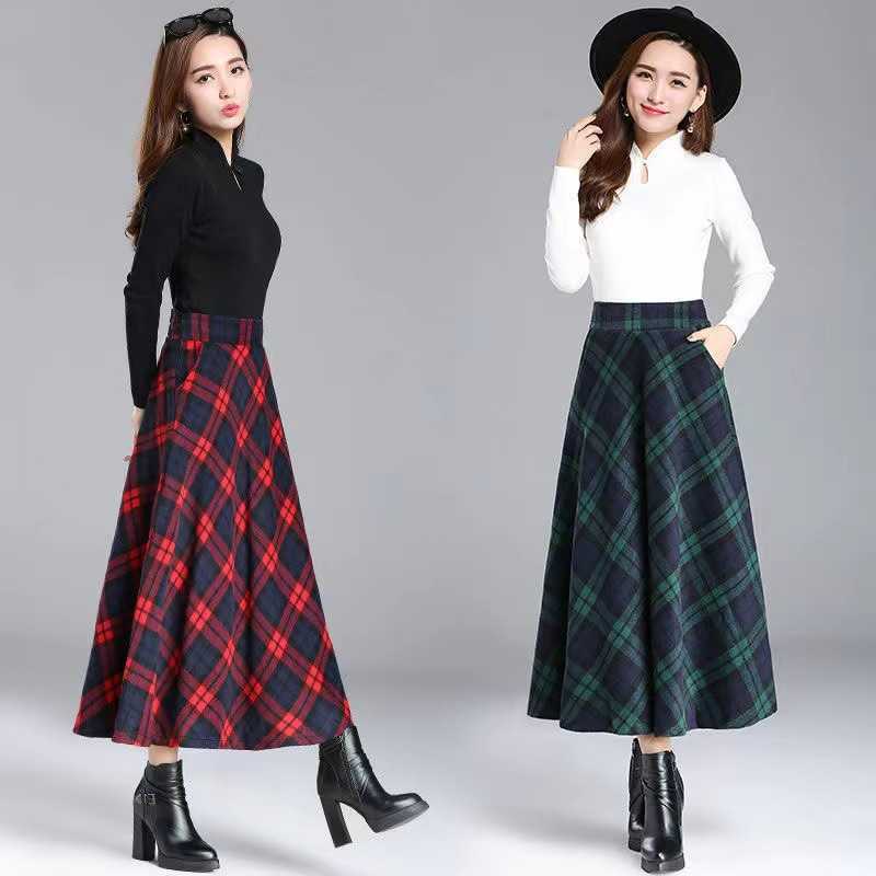 In-Stock 2026 New Autumn and Winter Plaid A-Line Skirt for Women, Long Plus-Size Woolen Skirt with a Large Hem