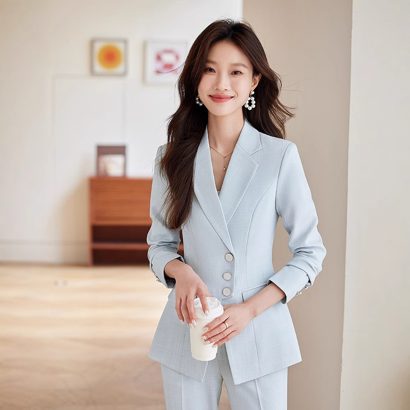 light blue Suit suit Women's Spring and Autumn Temperament Goddess Style Workplace Dress Suit Business Suit Host Work Clothes