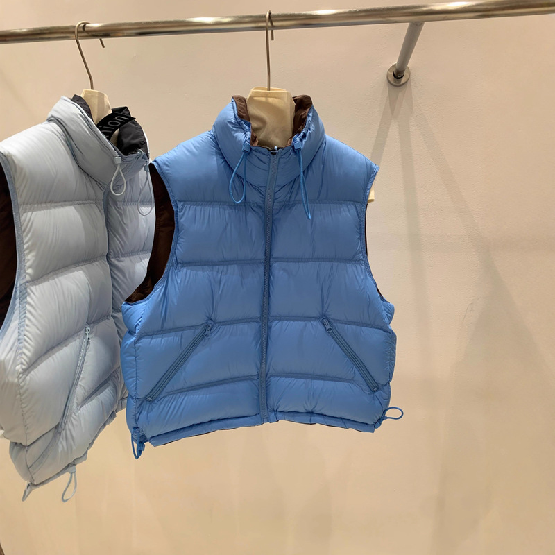 Korean Style Double-Sided down Vest for Women, Short Pocket Zipper Stand Collar Versatile Niche 90 White Duck down Vest Jacket Winter