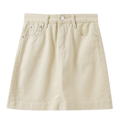 A petite-chic A-line denim skirt for summer, featuring a South Korean style, loose fit, high waist, and Instagram-inspired design for a trendy look.