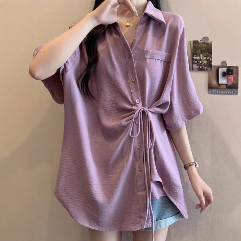 Irregular Design Lace-Up Short-Sleeved Casual Shirt for Women Summer Plus Size Fat mm Loose Slimming Look Top A4478