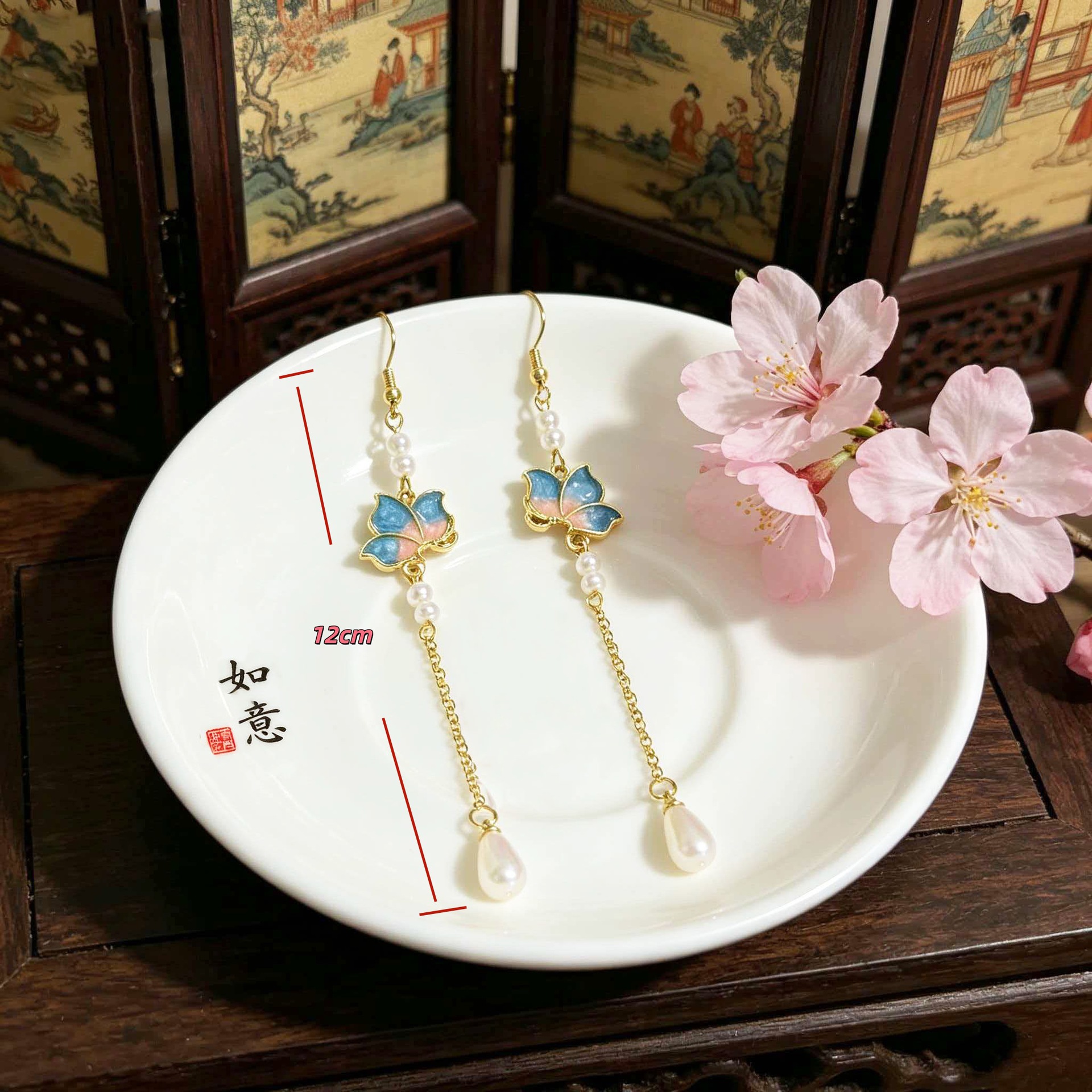 Ganchos de orejas de mariposa de color azul, estilo chino, cheongsam con pendientes de gota de agua larga, auriculares de alta calidad. image 5