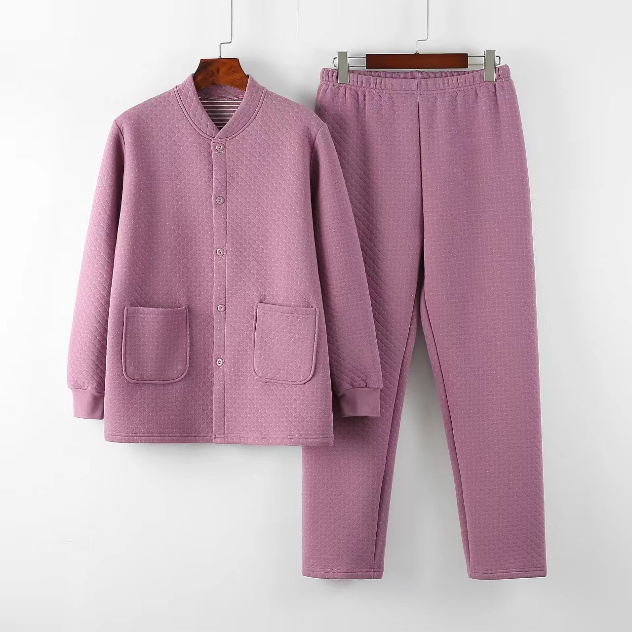 Middle-Aged and Elderly Women's Comfortable Cardigan Thermal Clothing Set, Mother's Plus-Size Loose Version, Three-Piece Thermal Loungewear Pajamas and Sleep Pants