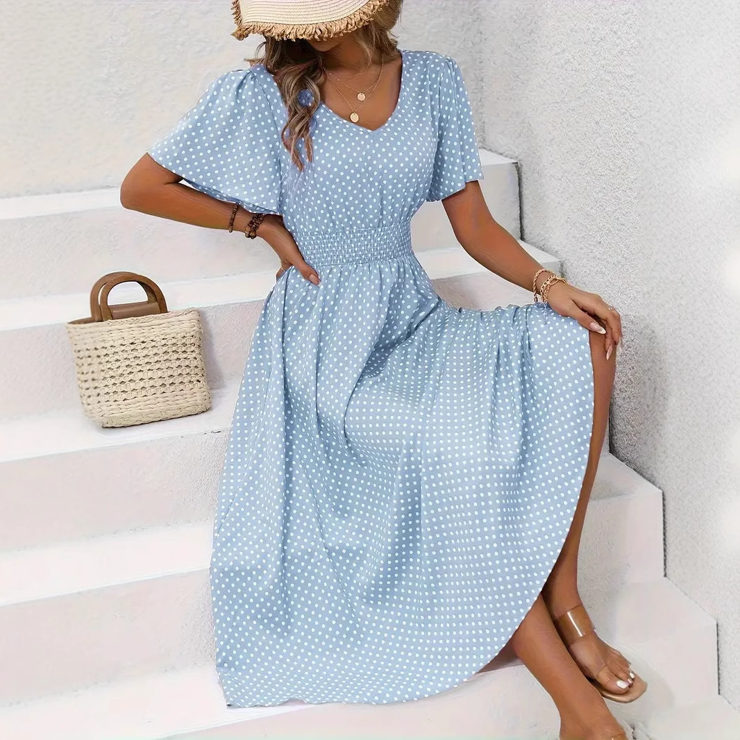 Women's Clothing Spring/Summer V Neck Polka Dot Pullover Casual Dress For Women_voghion.com
