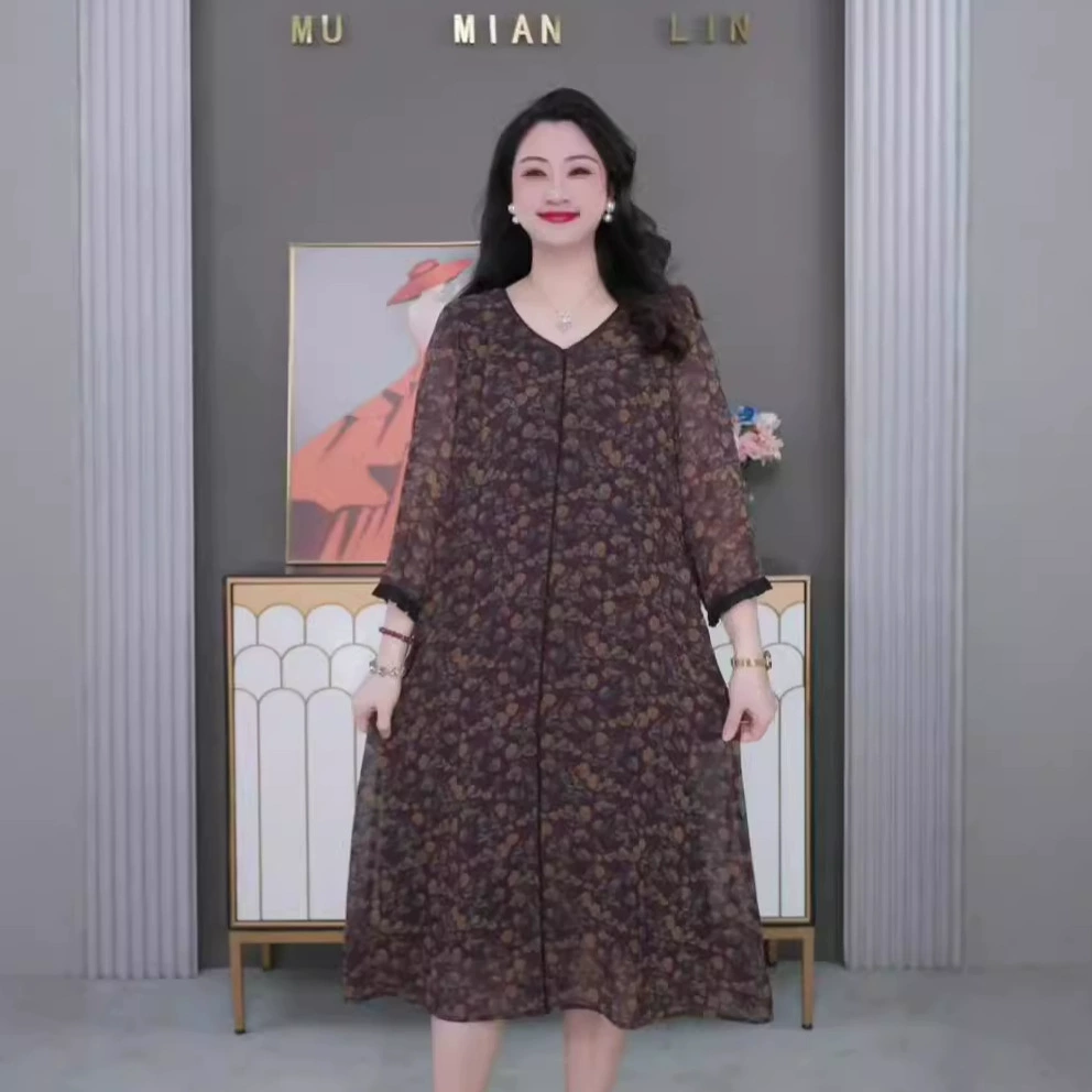 Модное осеннее свободное платье с короткими рукавами и цветочным принтом во французском стиле для мам среднего возраста 120kg свободная толстая женская одежда