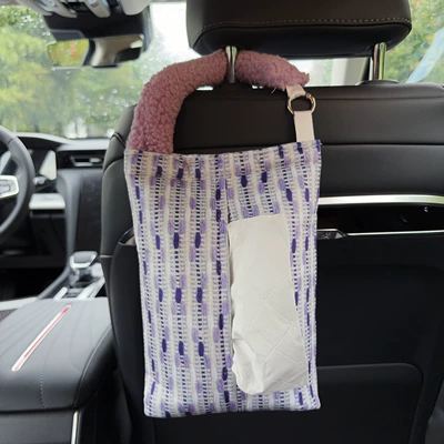 Car tissue box/set – Car-mounted tissue box and trash bin - purple-fabric-hanging-tissue-bag